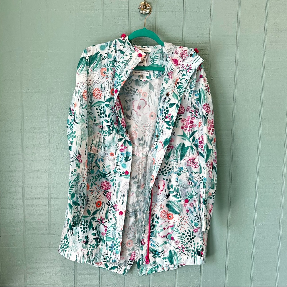 Joules Floral Print Lightweight Hooded Rain Jacket - White, Green, Pink